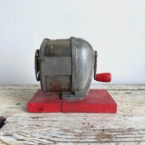 Vintage‎ Pencil Sharpener on Wooden Base Metal Red Manual Desk Accessory